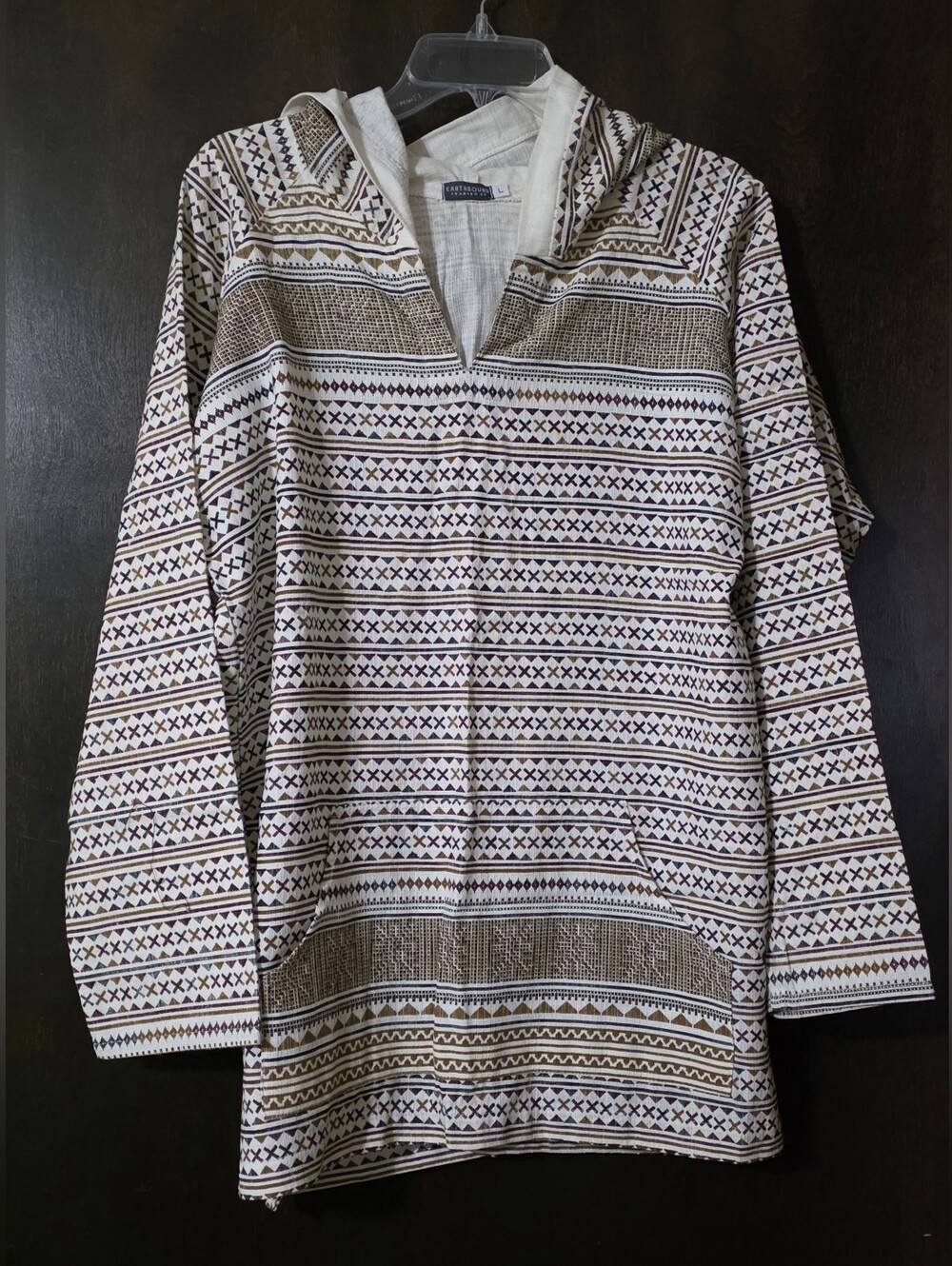 EARTHBOUND Lightweight Cream Brown Hooded Pullover Geometric Print Unisex Sz L